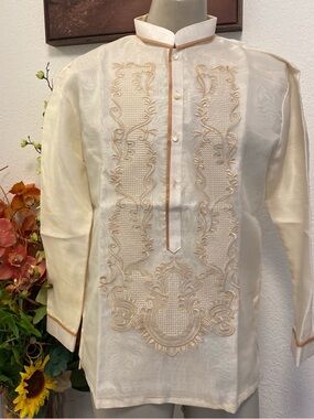 Embroidered M Barong Tagalog Cream Filipino Formal Attire Dress Shirt